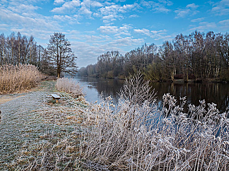 河,冰冻,冬天,白天,远足,骑自行车,小路,策勒,德国