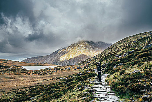 男人,石头,小路,遥远,平和,风景,雪墩山,国家公园,英国
