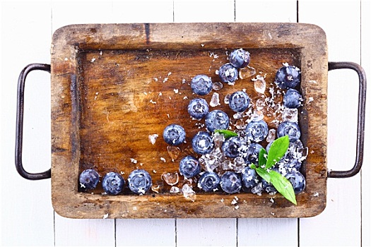 蓝莓,老,木质,托盘,上方,桌子