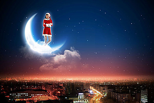 圣诞老人,女孩,月亮,高处,城市,夜晚