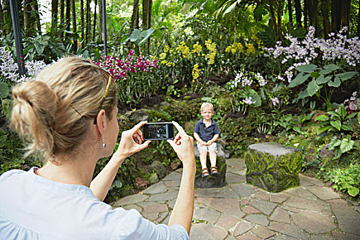 肩部视角,女人,摄影,儿子,智能手机,植物园,新加坡