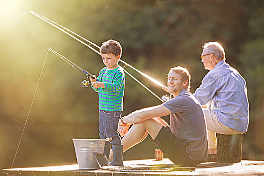 男孩,父亲,爷爷,钓鱼,木质,码头