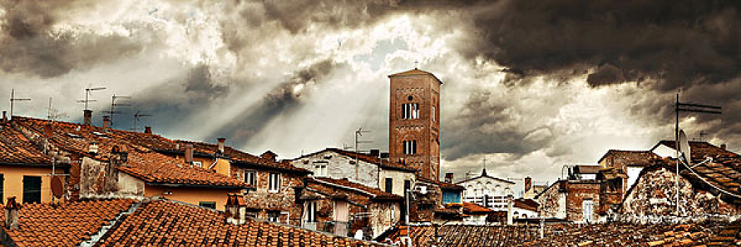 塔,教会,屋顶,古建筑,太阳光,背景,全景,卢卡,意大利