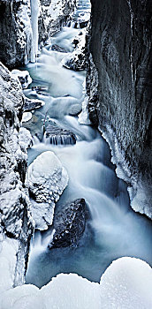峡谷,水,冰,雪,急促,山,冲沟,蓝色,冬天,寒冷,冰柱,全景