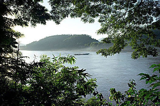 风景,湄公河,长,船,绿色,树,琅勃拉邦,老挝