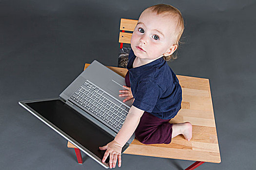 婴儿,笔记本电脑,灰色背景
