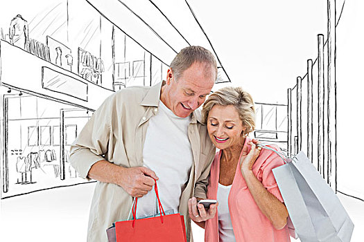情侣,购物袋,智能手机