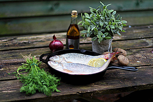 鲜鱼,药草,蔬菜,香醋,木桌子