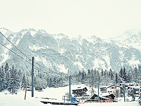风景,传统,木质,小屋,雪中,遮盖,山谷,文根,瑞士