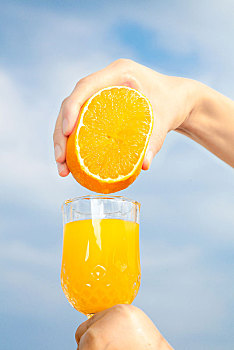 手上端着橙汁