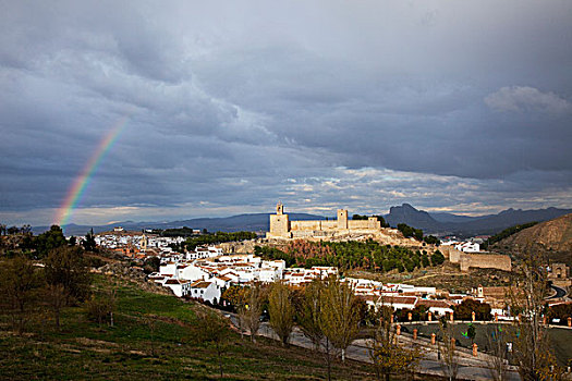 彩虹,空中,俯视,老,摩尔风格,城堡,安提奎尔,安达卢西亚,西班牙