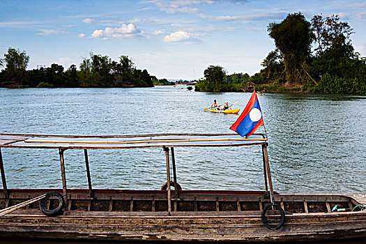 岛屿,背包族,停止,湄公河,柬埔寨,老挝,边界