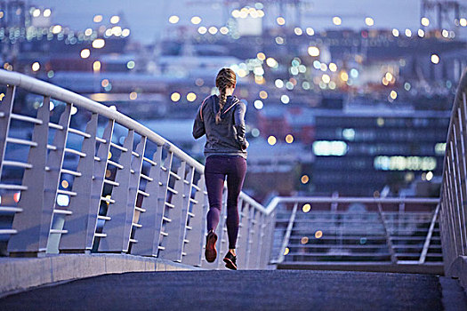 女性,跑步,跑,城市,步行桥,黎明