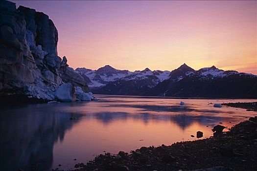 日落,上方,小湾,靠近,冰河,冰河湾国家公园