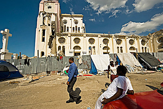 haiti,port,au,prince,tents,of,refugees,in,front,our,lady,the,assumption,cathedral,destroyed,and,ruin,after,earthquake