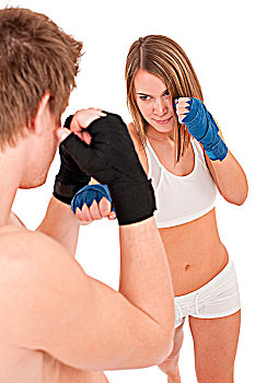 拳击,女青年,学习班,训练,指导,白色背景,手