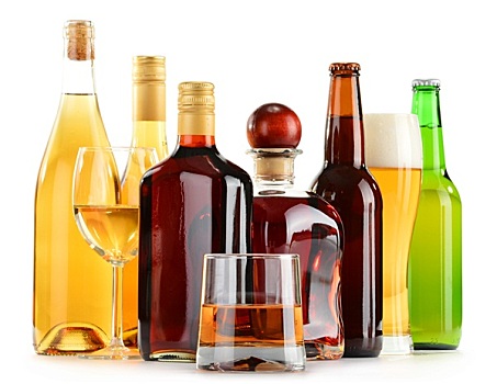 瓶子,玻璃杯,种类,酒,上方,白色