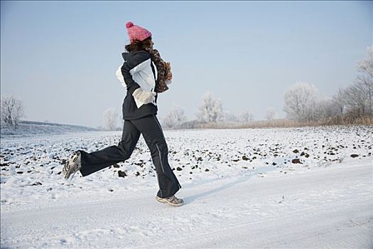 女人,慢跑,冬天,风景