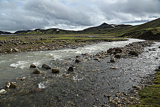 冰岛,河,高沼地,绿色,山腹,阳光