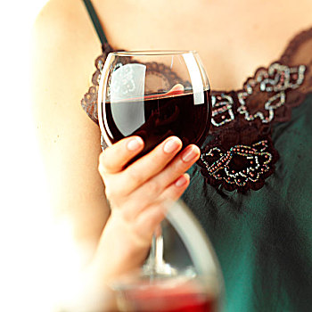 女人,拿着,玻璃杯,红酒