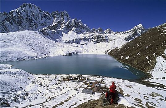 女人,远足,上方,湖,尼泊尔
