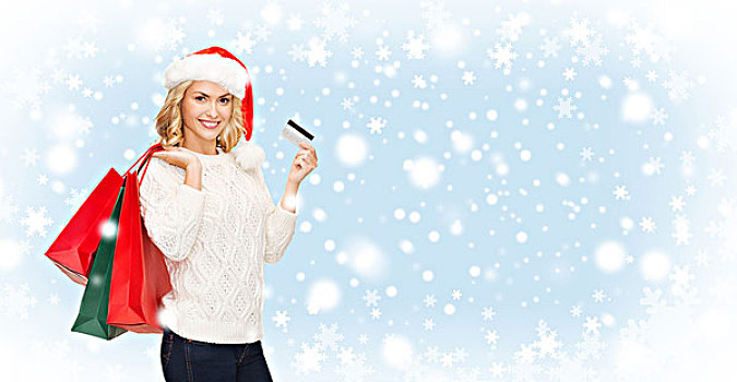 购物,销售,礼物,圣诞节,圣诞,概念,微笑,女人,圣诞老人,帽子,购物袋,信用卡