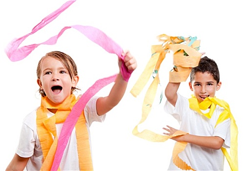 两个孩子,儿童,聚会,彩色,纸,带