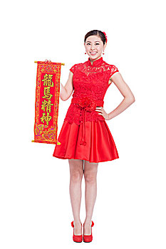 年轻,亚洲女性,红色,旗袍,春节