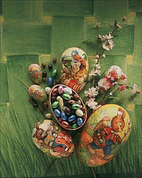 俯视图,复活节彩蛋,盒子,花