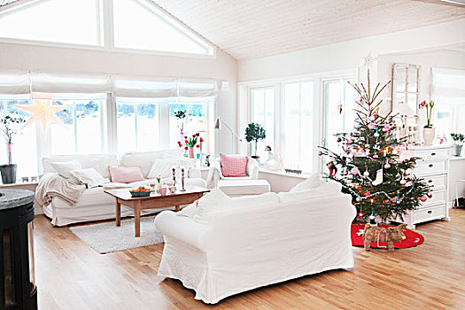 白色,沙发,装饰,圣诞树,室内,乡村