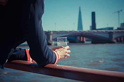 美女,船,泰晤士河,伦敦,拿着,水杯