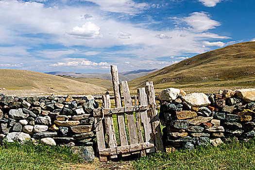 亚洲,西部,蒙古,省,石头,栅栏,木门