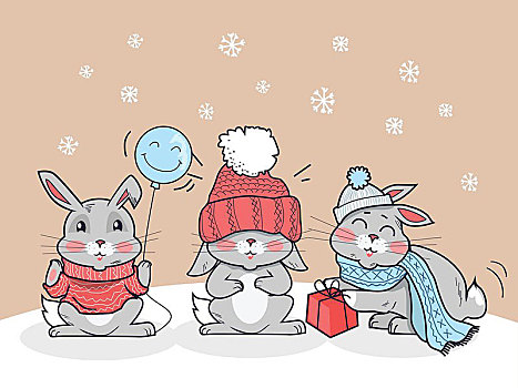 高兴,冬天,卡通,朋友,三个,小,兔子,大,红色,帽子,围巾,棒棒糖,有趣,戴着,温暖,布,冬季风景,野兔,风格,设计,矢量