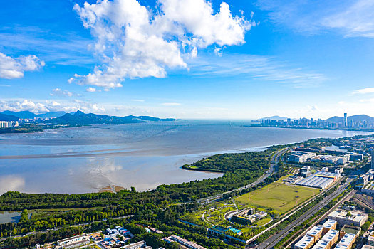 深圳竹子林上空航拍深圳湾,深南大道,南山,福田等城市天际线全景风光