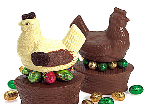 巧克力,复活节,母鸡,蛋,白色背景