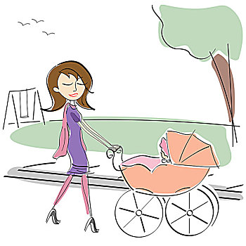 女人,推,婴儿车,公园