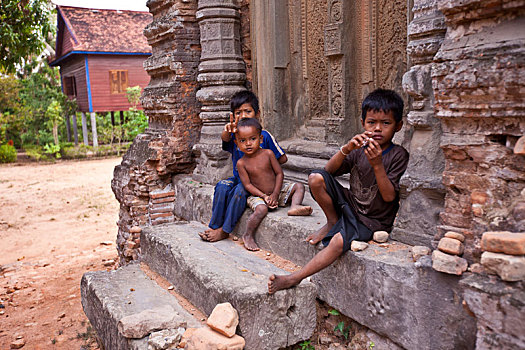 柬埔寨,区域,城市,收获,三个孩子