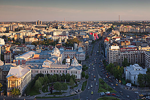罗马尼亚,布加勒斯特,中心,大道,俯视图,日落