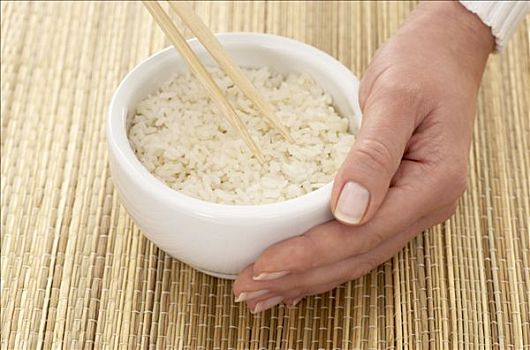 握着,碗,米饭,遮盖