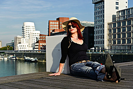 女青年,桥,媒体,港口,北莱茵-威斯特伐利亚,德国,欧洲