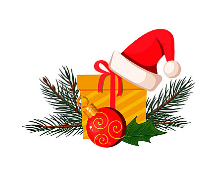 圣诞帽,躺着,黄色,礼物,蝴蝶结,红丝带,靠近,红色,圣诞节,球,枝条,常青树,云杉,绿叶,矢量,插画,卡通,设计,常绿植物,圣诞树