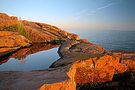 花冈岩,乔治亚湾,海岸线,靠近,日落