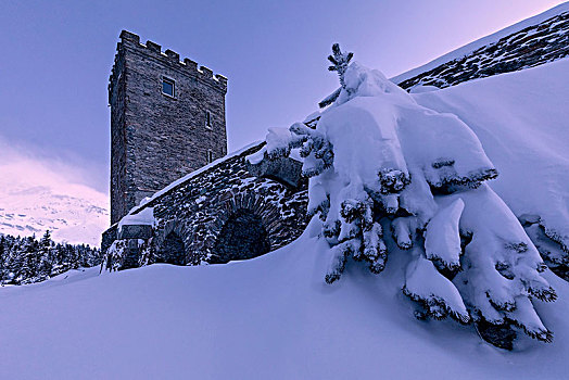 观景楼,塔,围绕,雪,山谷,恩加丁,瑞士