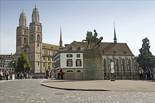 罗马式大教堂,大教堂,左边,教堂,右边,纪念,中心,苏黎世,瑞士,欧洲