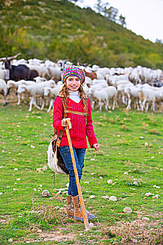 儿童,女孩,高兴,羊群,木棒,西班牙