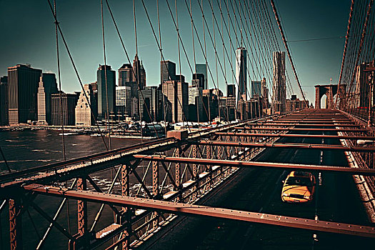 布鲁克林大桥,风景,曼哈顿,黄色出租车,摩天大楼
