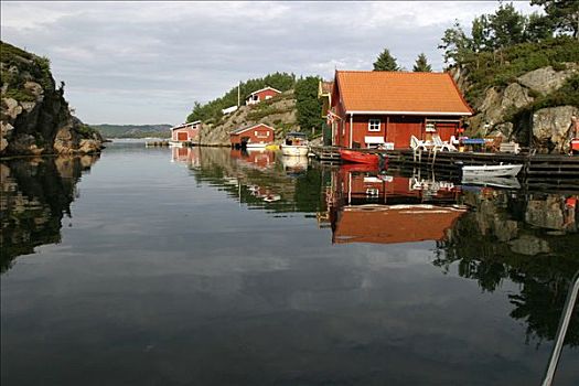 传统,建造,红色,房子,峡湾,靠近,挪威,斯堪的纳维亚,欧洲