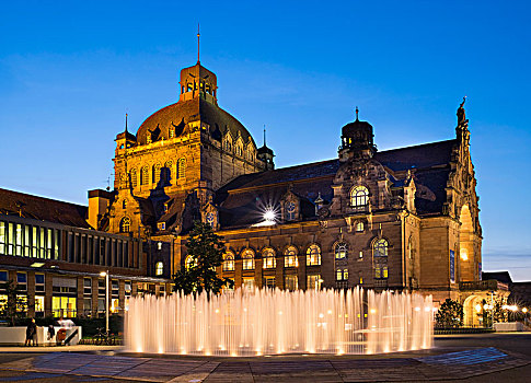 剧院,光亮,喷泉,黃昏,纽伦堡,中间,弗兰克尼亚,巴伐利亚,德国,欧洲