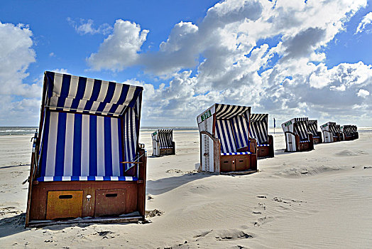 沙滩椅,东方,海滩,白色,沙丘,蓝色,云,东弗里西亚群岛,北海,下萨克森,德国,欧洲