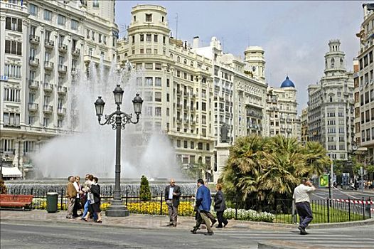 街景,喷泉,瓦伦西亚,西班牙
